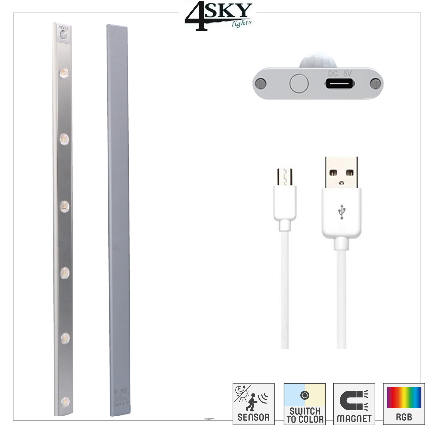Oplaadbare 69cm RGB led strip met magneetfunctie en PIR bewegingssensor