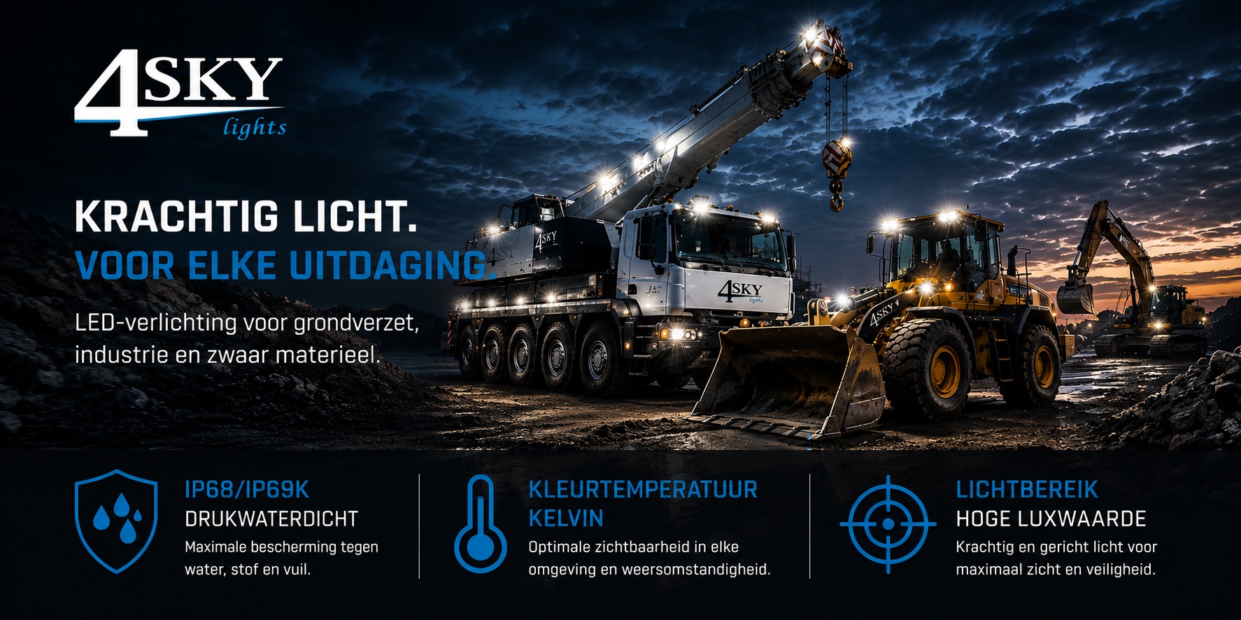 Grondverzet industrie - led werkverlichting - kleurtemperatuur - lux waarde - 4Sky Lights