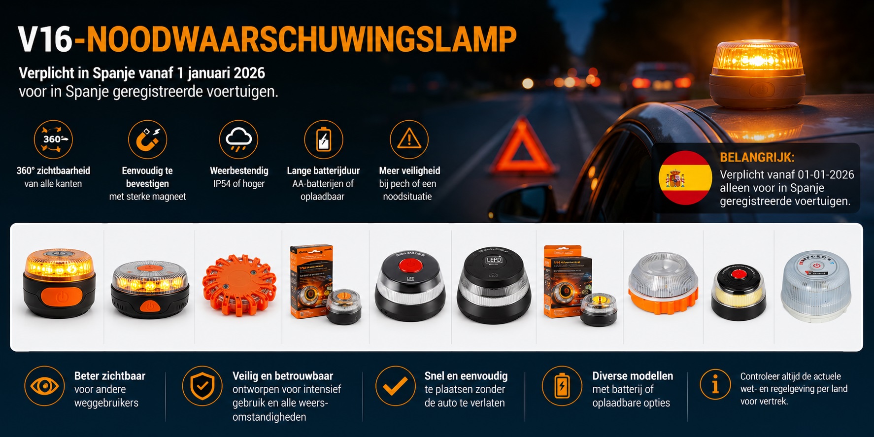 V16-noodwaarschuwingslamp voor Spanje - 4sky Lights-